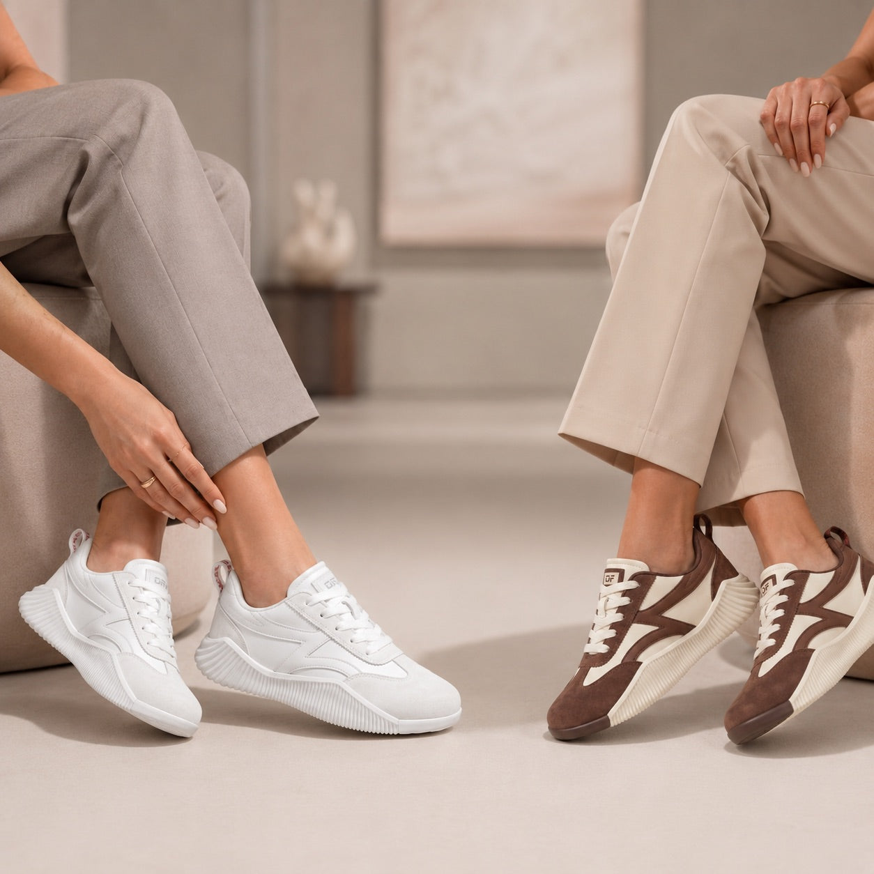 DeFlorance Cloudea 2.0 sneakers in Triple White and Mocha worn side by side